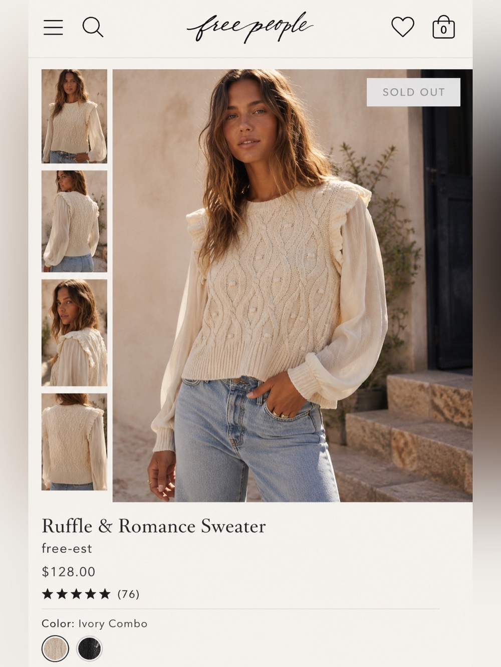 Free People Ivory Ruffle & Romance Cable Knit Sweater